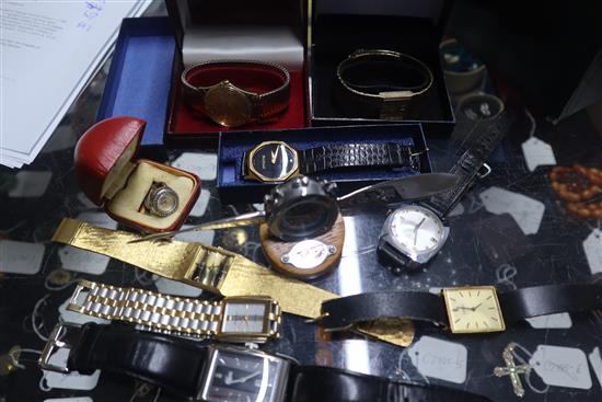 A large collection of assorted ladys and gentlemans wrist watches including Roamer, Rotary and Avia and two pocket watches.